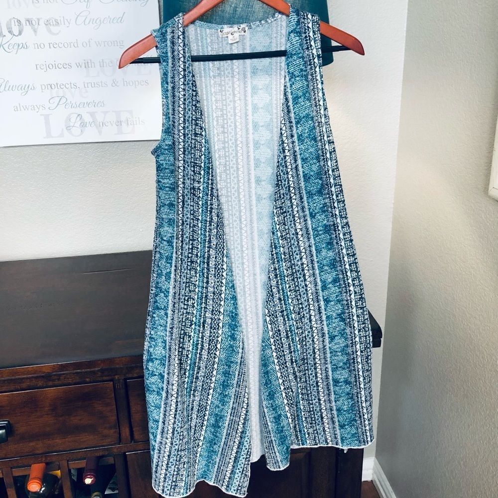 Teal Blue Boho Print Sleeveless Shawl Shrug Cardigan S